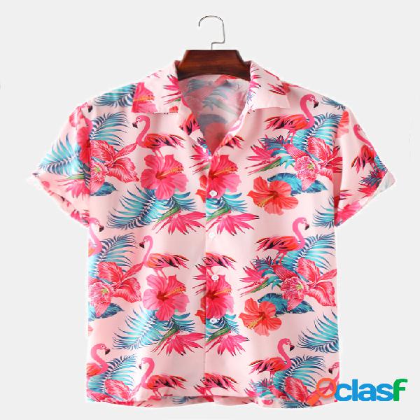 Mens Flamingo Printed Light Casual Revere Collar Camisas de