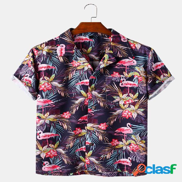 Mens Flamingo e Folha Print Light & Casual Camisas de verão