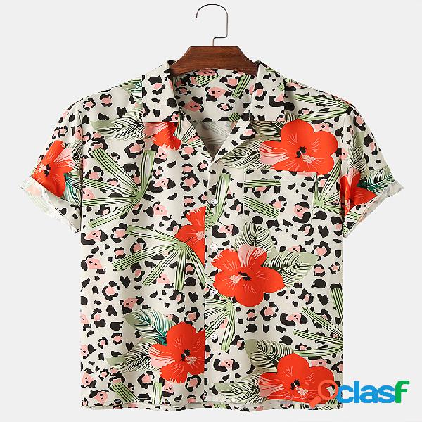 Mens Floral & Leopard Print Designer Light Camisas de manga