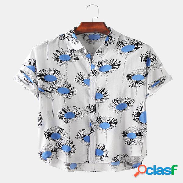 Mens Floral Print Casual Camisas de manga curta finas,