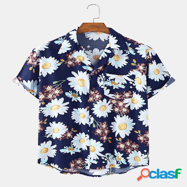 Mens Floral Print Holiday Light Chest Pocket Camisas de