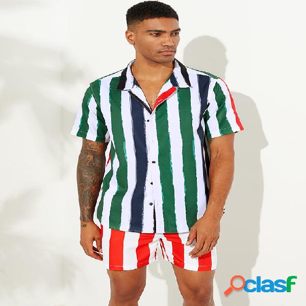 Mens Hit Color Stripe Printed Turn Down Collar Camisas de