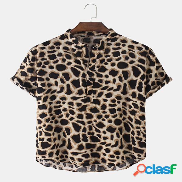 Mens Leopard Print Cotton Stand Collar Camisas de Henley de
