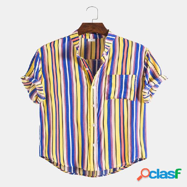 Mens Multi Color Striped Casual Peito Pocket Round Hem