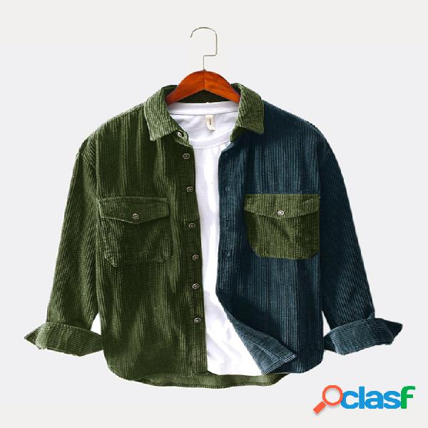 Mens Patchwork e bolso duplo casual soltas camisas de manga