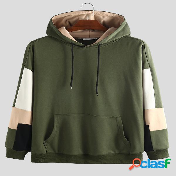 Mens Plain Colorblock Painel Big Pocket Drawstring Hoodies