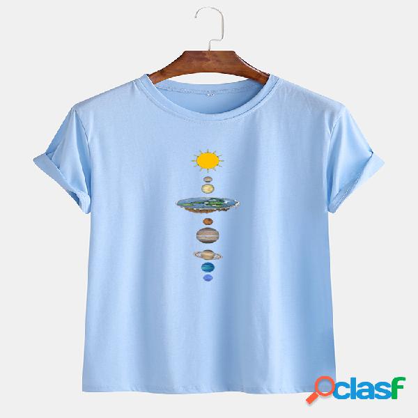Mens Planet Printed Round Neck Casual T-shirts de manga