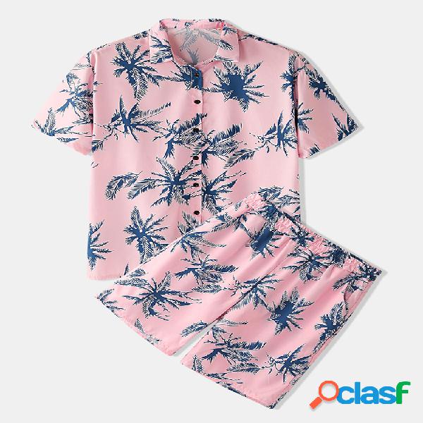 Mens Rosa Havaiano Tropical Print Praia manga curta Swim