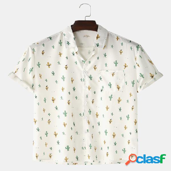 Mens Small Cactus Print Loose Light Chest Pocket Camisas de