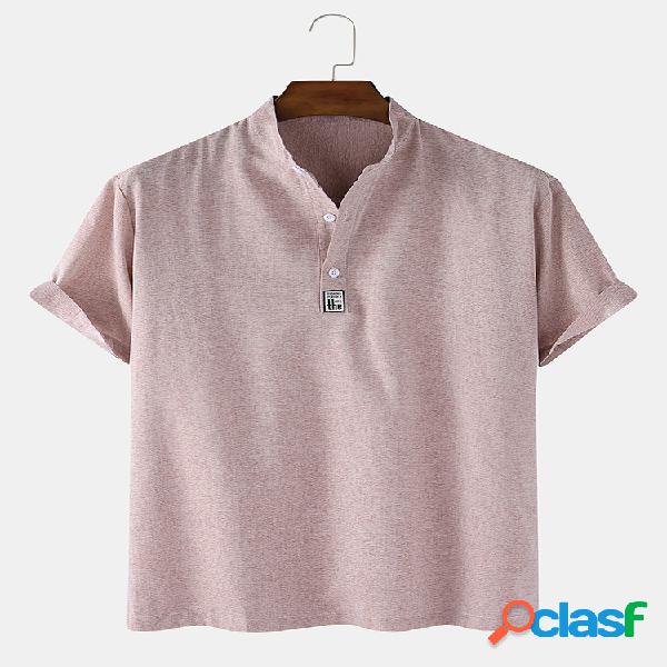 Mens Solid Color Cotton Respirável Loose Casual Stand