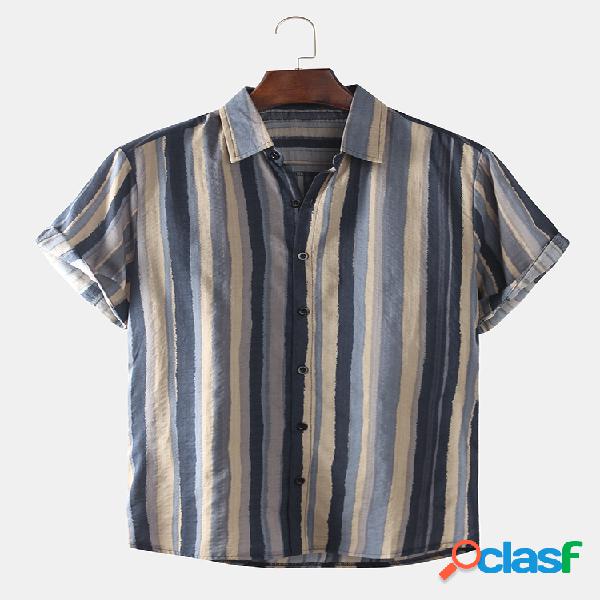 Mens Stripe Printed Turn Down Collar Manga curta Camisas