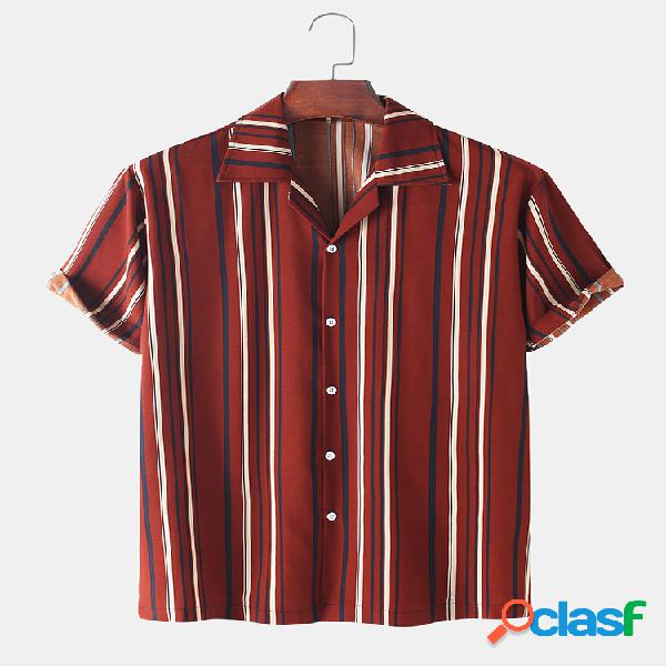 Mens Striped Print Casual Loose Light Revere Collar Camisas