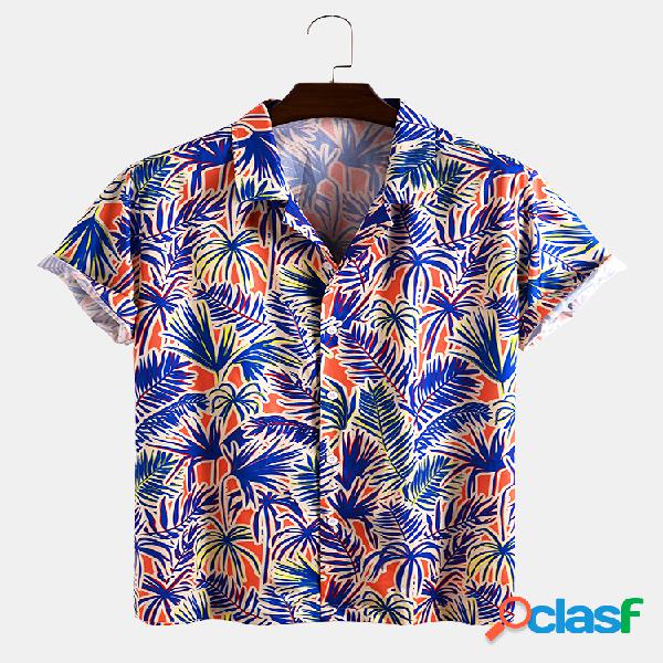 Mens Tropical Folha Print Holiday Light respirável Camisas