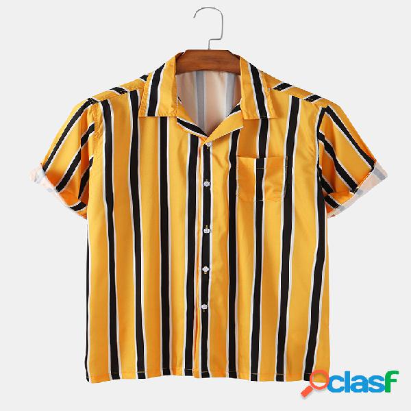 Mens Vertical Stripes Print Camisas de manga curta casuais
