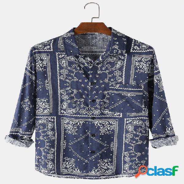 Mens Vintage Ethnic Style Print Cotton Loose Casual Camisas