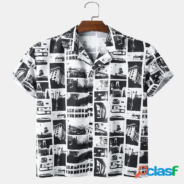 Mens Vintage Geometric Print Light Casual Revere Collar