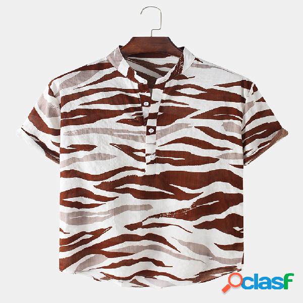 Mens Wave Print Cotton Stand Collar Camisas de Henley de