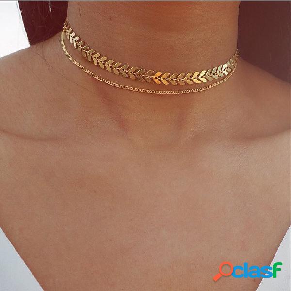 Moda Chocker Colar De Ouro Duplo Deck Fishbone Paillette