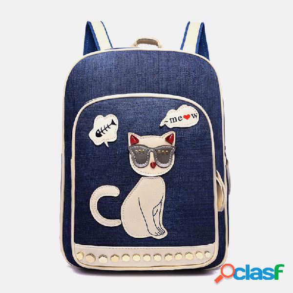 Mulheres Canvas Cute Cat Print Patchwork Mochila Casual