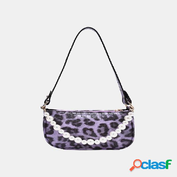 Mulheres PU Leopard Print Pérola Ombro Bolsa Axila Bolsa