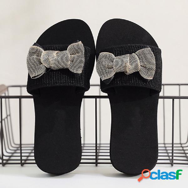 Mulheres bowknot decoração confortável Soft chinelos de