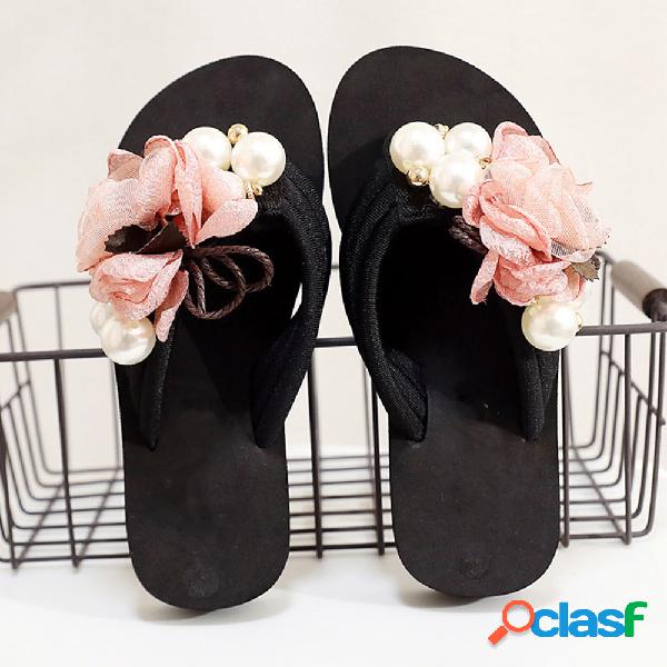 Mulheres flores decoração pérola Soft chinelos planas