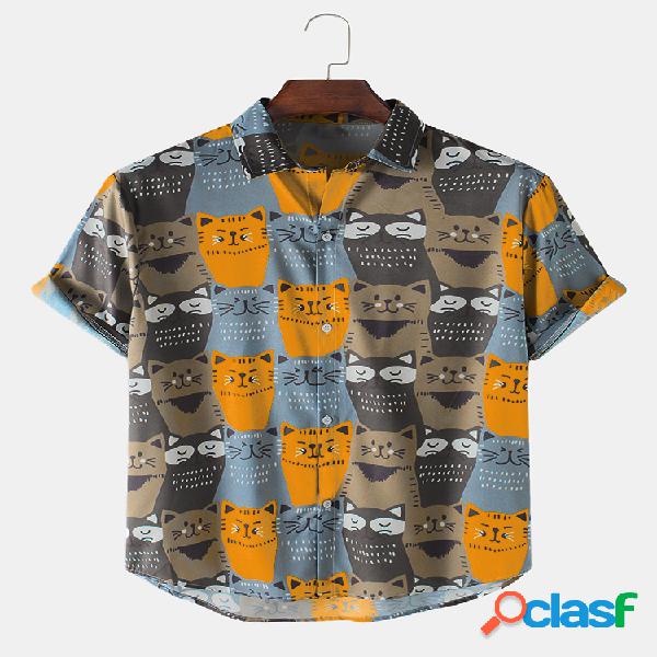 Newchic Design Mens Funny Cartoon Colorful Cat Print Camisas