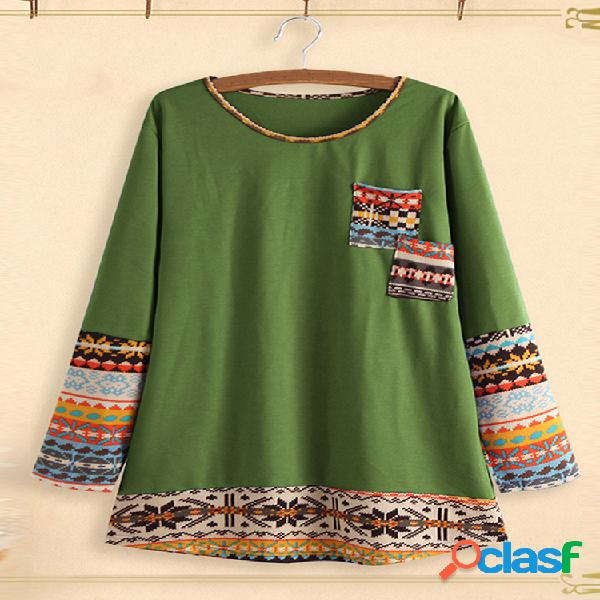 Patchwork Crewneck manga comprida Casual Plus blusa de