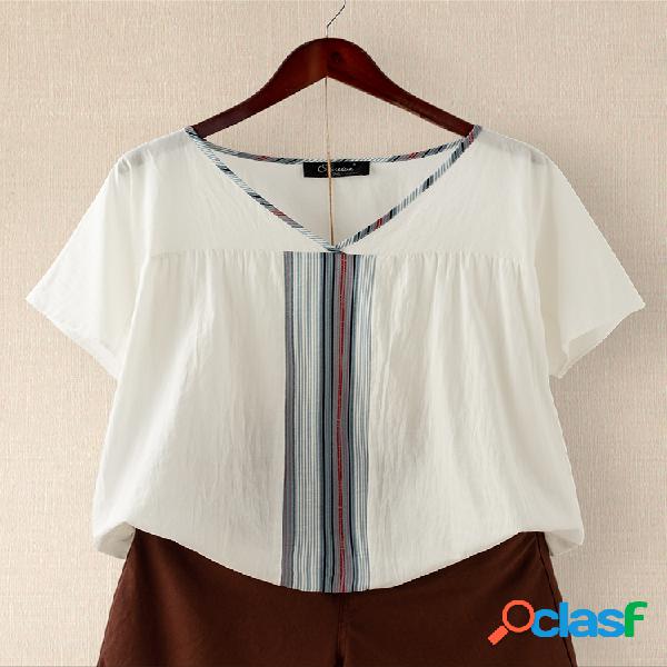 Patchwork listrado decote em v Plus tamanho casual camiseta