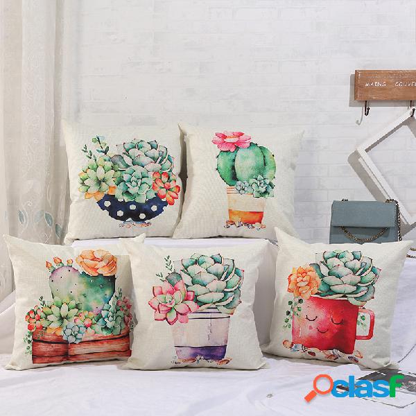 Pintados à Mão Estilo Verde Planta Cactus Linho Capa de
