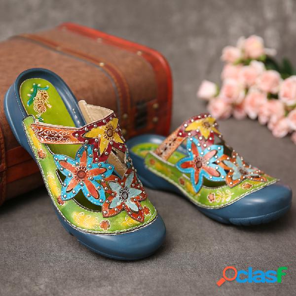 SOCOFY Couro Artesanal Cravejado Floral Slip-on Slides Mulas