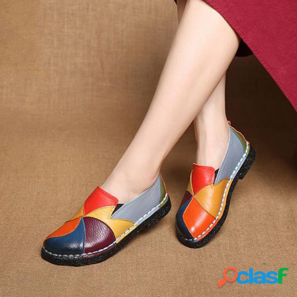 SOCOFY Loafer Manual Suave Plano Couro de Retalhos