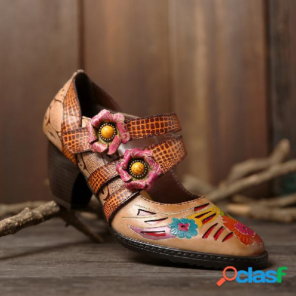 SOCOFY Retro Printing Couro Genuíno Floral Gancho Loop