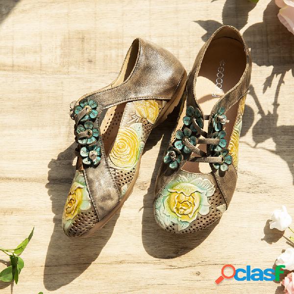 SOCOFY Retro flor emendado emenda Floral Lace Up Slip On
