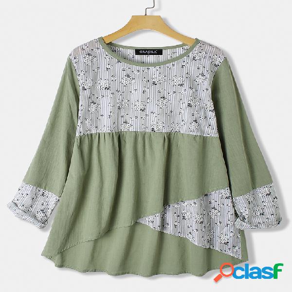 Stripe Floral Print Patchwork Blusa de manga comprida para