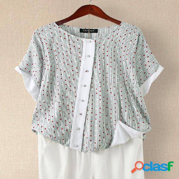 Stripe Polka Dot Patchwork Blusa de manga curta Casual para
