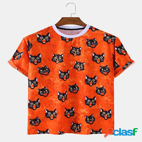 T-shirt de manga curta para férias com impressão de gato