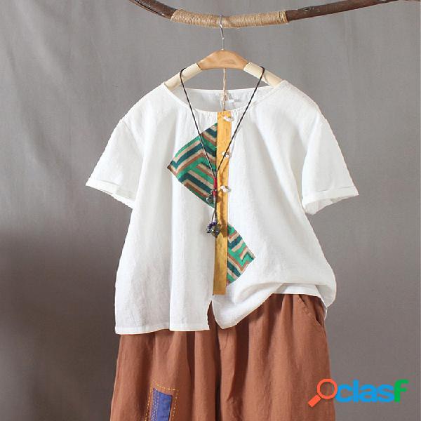 T-shirt de manga curta vintage com bordado geométrico e