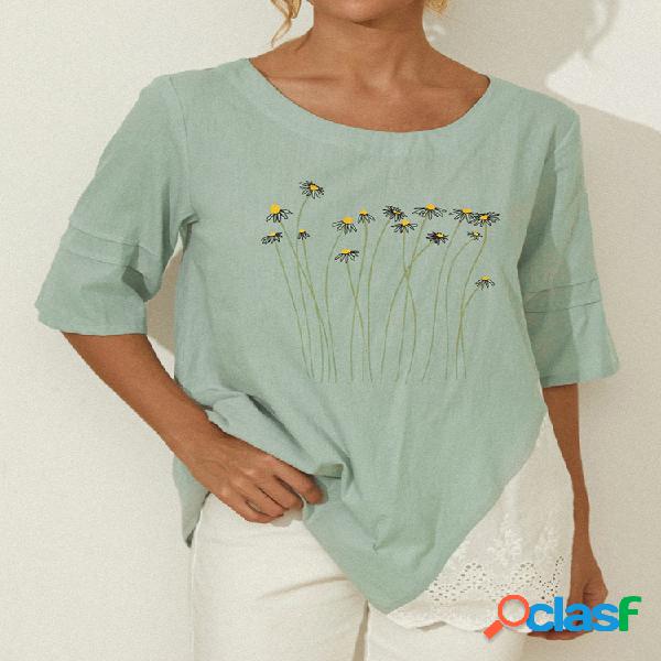 T-shirt estampado flor manga curta patchwork para mulheres