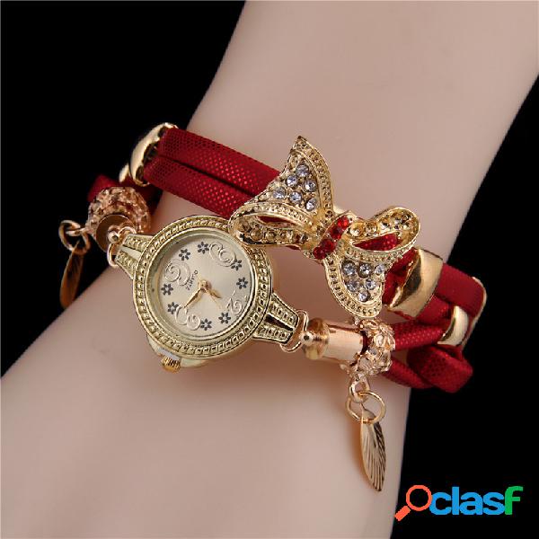 Trendy Rhinestone Bow Pingente Assista Pulseira de couro
