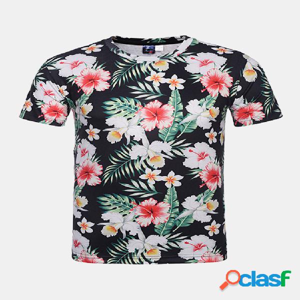 Verão Casual Tee Top 3D Floral Design em torno do pescoço
