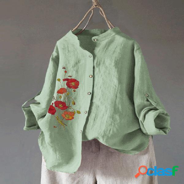 Vintage Flower Embroidery Long Sleeve Stand Collar Camisa