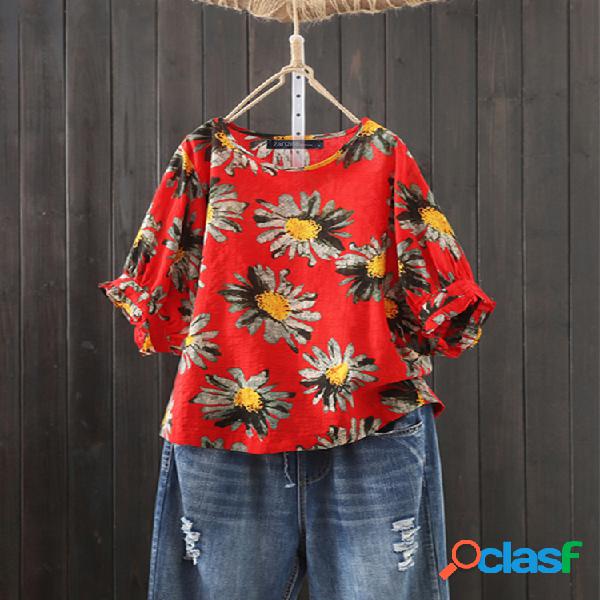 Vintage Flowers Print O-neck Plus Tamanho Camiseta