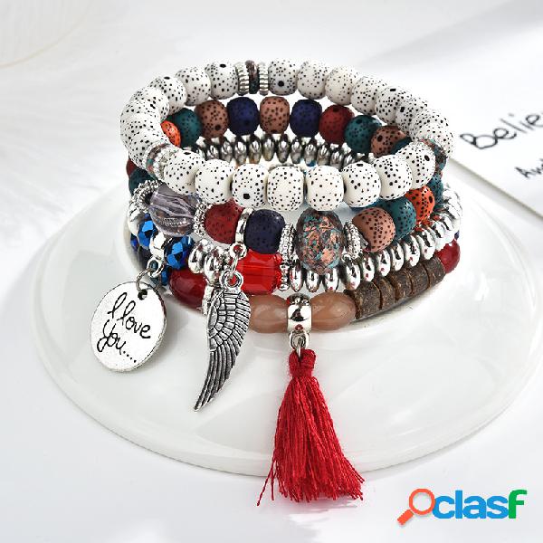 Vintage Frisado Pulseira Set Asa Carta Borlas Encanto