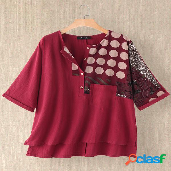 Vintage Patchwork Imprimir Split Irregular Plus Blusa