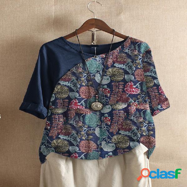 Vintage Print Patchwork Plus T-shirt tamanho para mulheres