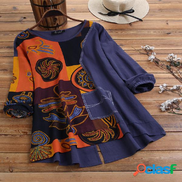 Vintage Print Patchwork Split Back Plus Blusa de algodão de