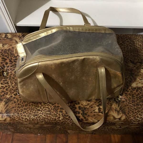 Bolsa para pet dourada de onça dentro