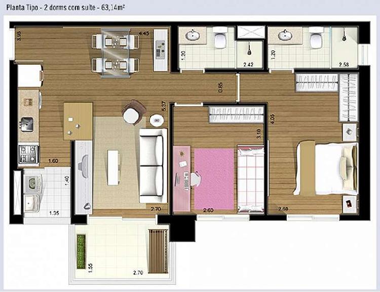 Apartamento para venda possui 63 metros quadrados com 2