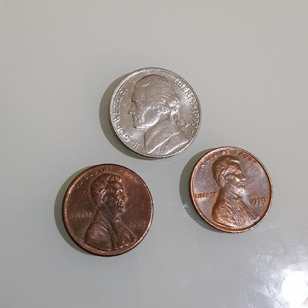 3 moedas usa five cents e one cent níquel e bronze